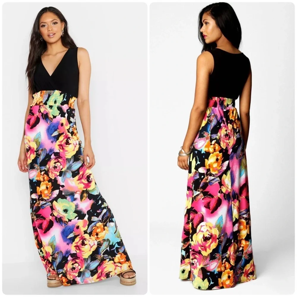 Boohoo Women’s Sleeveless Colorful Floral w/ Black Bodice Flowy Maxi Dress Sz 6 - Picture 1 of 8